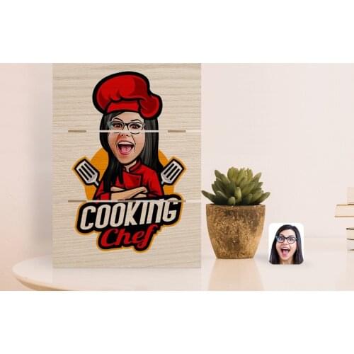 Personalized Female Chef Caricature Of Authentic Desktop Wood Pallet Çerçeve-11
