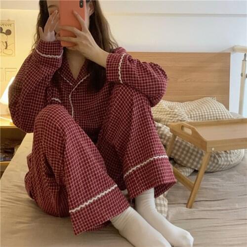 New Womens Pajamas Sets Fashion Sleepwear Long Sleeve Large Size Plaid Pajama Suits Girls Cute Nightwear Suit Homewear Clothes