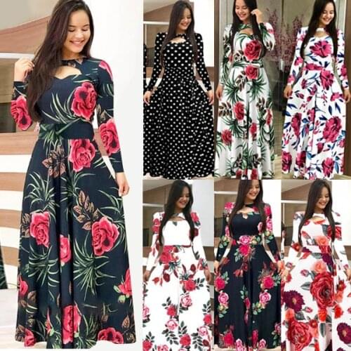 Boho Flower Print Maxi Dresses Women Autumn O Neck Long Sleeve Slim Swing Dress Casual Hollow Out Tunic Lady Dress Plus Size 5XL