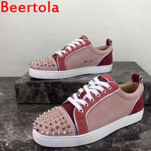 Luxury Designers Beertola Mens Sneakers Lace-up Gold Rivet Masculine 2019 Flats Shoes Casual Style Chaussures Male Flock Pink