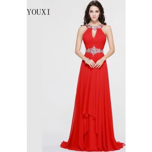 Sexy Red Prom Dresses 2019 New Chiffon Beaded Crystal Formal Evening Gowns PD59