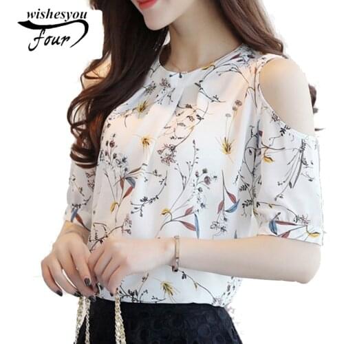 Spring Summer New Print Chiffon Blusas Floral Shirt for Women Elegant Off Shoulder Blouse Plus Size Female Tops Women Shirt 825C
