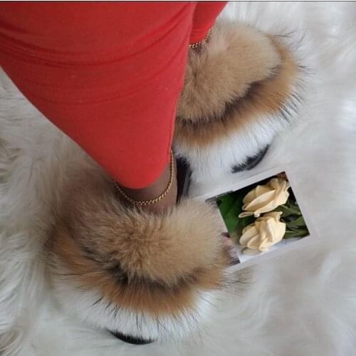 Women Fluffy Fur Slides Winter Plush Fur Slippers Summer Open Toe Real Fox Fur Sandals Hot Slipper Shoes Fuzzy Flip Flops Big 45