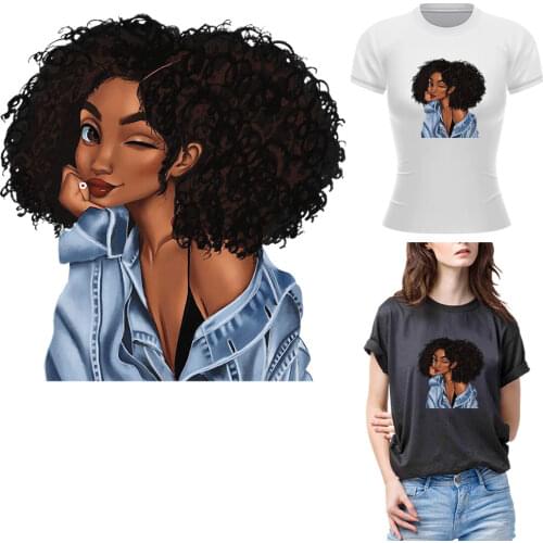 Hot Fashion African Girl Iron On Patches For Clothes Thermal Sticker Heat Transfer For T-shirt Hoodies Iron-On Patches Diy Decal