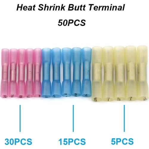 50PCS Heat Shrink 3Sizes Butt Terminals Waterproof Insulated Electrical Wire Connectors Splice Terminal Wire Cable Kit