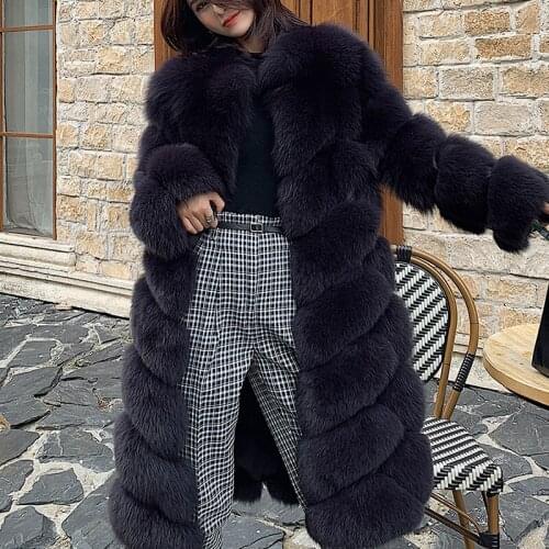 2020 Winter Ladies Fashion Black Genuine Fox Fur Long Coat Women Thickening Warm Jacket