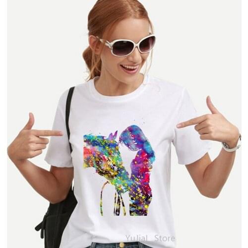 Watercolor Girl Love Horse Print Women Tshirts Female Funny White T-Shirt Korean Style Clothes Tumblr Tops Tee Shirt Femme