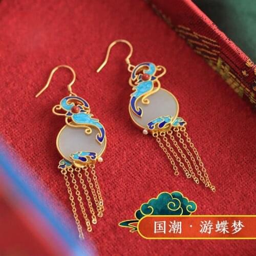 Hetian jade butterfly dream earrings new fashion ethnic style earrings S925 sterling silver cloisonne butterfly tassel female