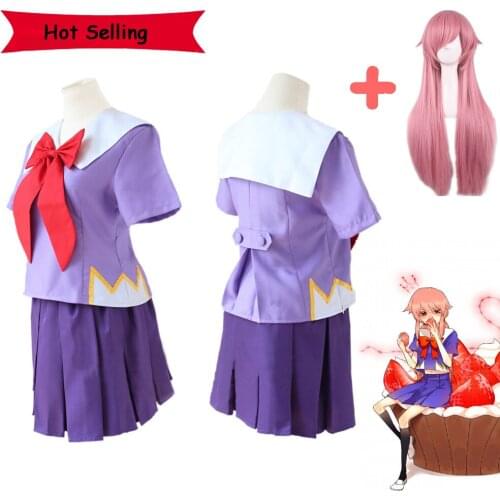 High Quality Hot Future Diary Gasai Yuno Mirai Nikki School Uniform Cosplay Costume Suit Women Long Hair Party Wigs+Wig Cap