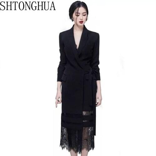 2019 Autumn Womens Long Sleeve Notched Lace Stitching Blazer Dress Suit Long Jacket Office Lady Adjustable Belted Wrap Dress