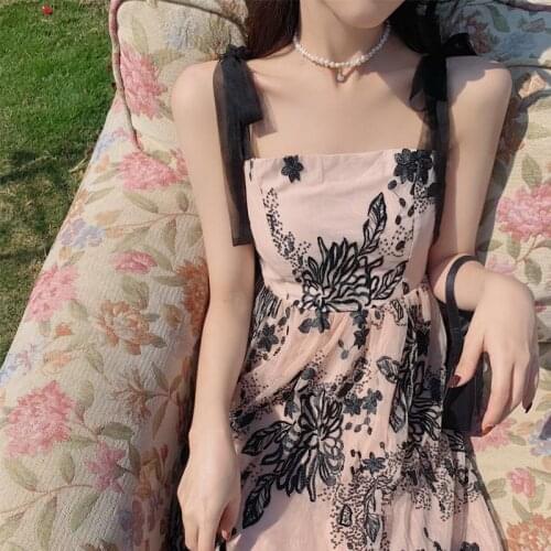 2021 Vintage Floral Strap Midi Dress Women French Elegant Sweet Lace-up Print Dress Holiday Casual Beach Summer Dresses