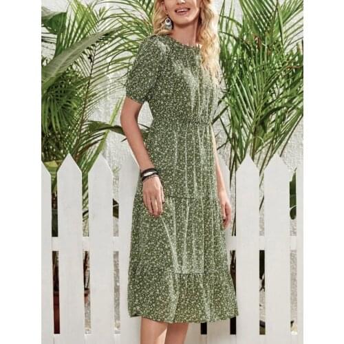 Women Dress Summer 2021 Short Sleeve Elegant Fashion Round Neck Autumn Print Color Office Lady Female Vestido Party Robe C2922