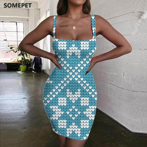 SOMEPET Christmas Dress Women Snowflake Bodycon Dress Painting Vestido Sexy Blue 3d Print Womens Clothing Party Vintage Boho