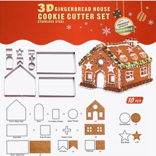 10pcs 3D Gingerbread house Stainless Steel Christmas Scenario Cookie Cutters Set Biscuit Mold Fondant Cutter Baking Tool
