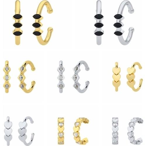 Canner Real 925 Sterling Silver Clip Earrings With Charm Ear Cuffs for Unpierced Ears Black CZ Zircon Heart Earrings For Women