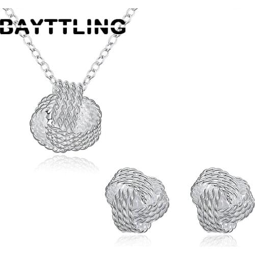 BAYTTLING New 925 Sterling Silver Fine Weave Knotted Stud Earrings Pendant Necklace For Woman Fashion Jewelry Set Gift