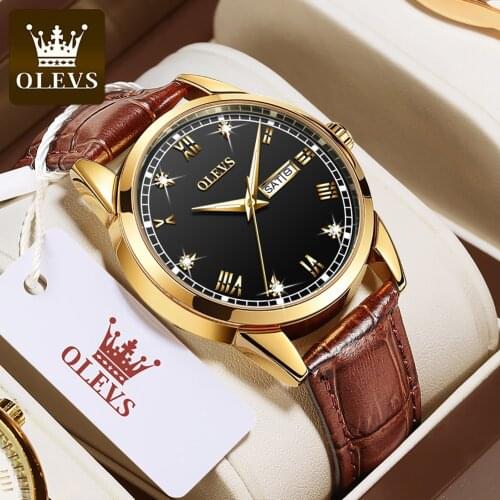 OLEVS Quartz Wrist Watch Classic Rome Numerals Mens Watches Leather Waterproof Luminous Week Calendar Montre Homme Male Clock