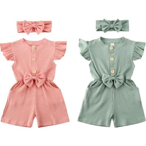 Kids Baby Girl Clothes Bowknot Knitted Jumpsuit Overall Headband Outfits Summer Casual Girls Clothing