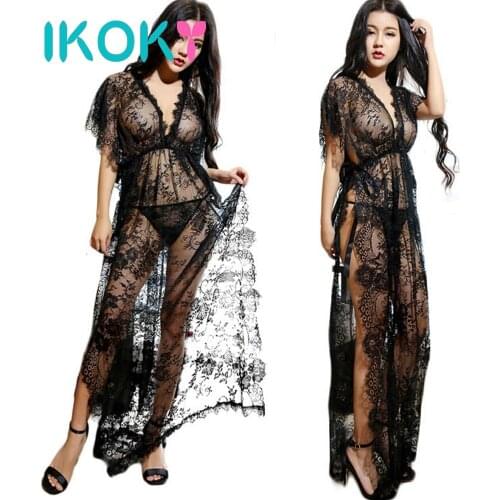 IKOKY Exotic Apparel Deep V-Neck Long Dress Sleepwear Black Lace Robe + T-Thongs Sexy lingerie Side Slit Erotic Lingerie
