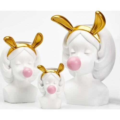 Cute Girls Flowerpot Resin Succulent Planter Desk Plant Container Mini Ornament Home Decor (White, with Rabbit Ears)