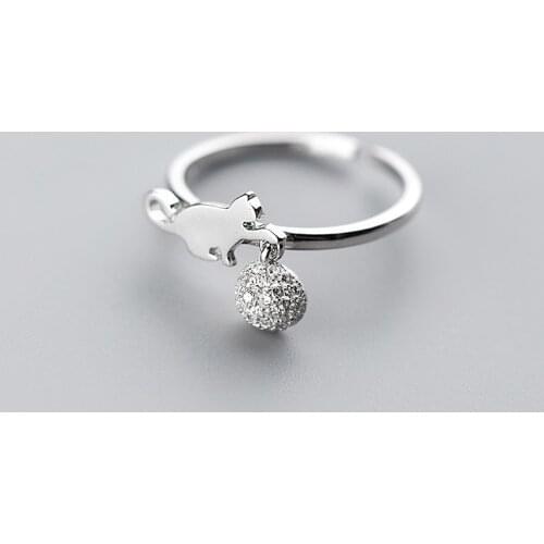 MloveAcc 100% 925 Sterling Silver Naughty Cat Play Ball Clear CZ Finger Ring Women Ring Adjustable Engagement Ring Jewelry