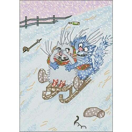 Cat on sled patterns counted 11CT 14CT 18CT Cross Stitch Set DIY Cross-stitch Kits Embroidery Needlework Home Decor