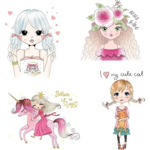 Girls Patches For Clothes DIY Iron-On Transfers For Clothing Vinyl Heat Transfer Princess Stickers On Clothes Flower Appliques