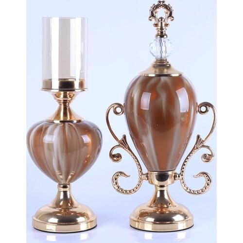 New Chinese interior painting art glass ornamental set, classical light luxury home decoration, wedding metal candlestick displa