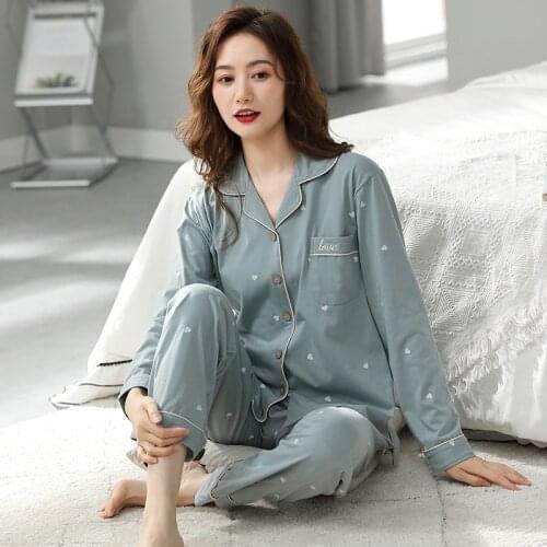M-3XL Spring Autumn Cotton Home Wear Ladies Heart 2PCS Pajamas Set Full Sleeve Pant Loose Sleepwear Casual Nightwear With Pocket