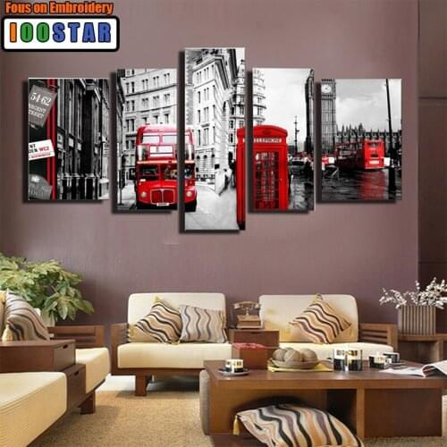 Full square/round 5 Panel Modern Canvas art diamond painting Printing bus Wall Art Picture Landscape Room decor rhinestone git