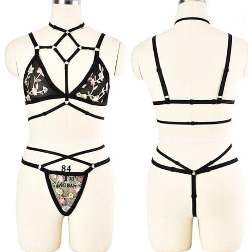 Transparent Mesh Embroidery Sexy Lingerie Set Adjust Top Cage Harness Bra Goth Women Black G-string Elastic Belt Fetish Panties