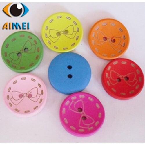 100pcs/lot Colorful Round Wooden Buttons With Laser Marking Dotted Line Bow Knot For Handmade Cartoon Children Clothing Buttons