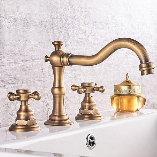 Antique Brass Double Handle Basin Faucet Deck Mounted Bathroom Tub Sink Mixer Taps Widespread 3 Holes ZD035