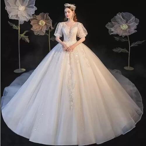 Wedding Dresses Illusion V-Neck Short Sequined Embroidery Tulle Lace Backless Luxury White Floor-Length Women Bridal Gown G360