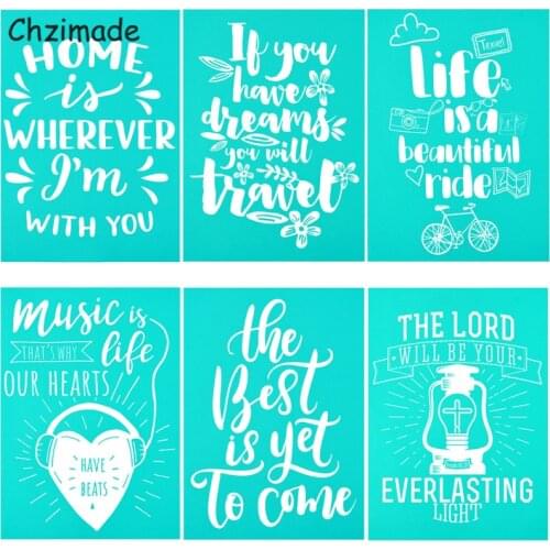 Chzimade 6Pcs Music Is Life Words Printed Self-Adhesive Silk Screen Printing Stencil Mesh Transfers For T-Shirts Diy Handmade