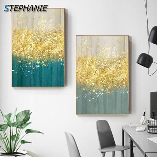 Yellow Gold Blue Green Tree Canvas Painting Flower Leaf Big Posters and Prints Modern Wall Picture for Living Room Tableau Salon