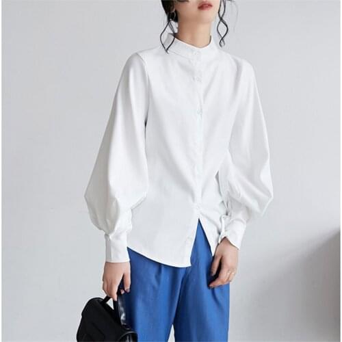 Alien Kitty New Simple Loose Lantern Sleeves Stand 2019 Autumn Office Ladies All-Match Sweet Fresh Solid Casual Plus Women Shirt