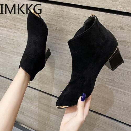 Woman Cowboy Boots Winter 2020 Sexy solid flock Rubber Zipper Point Toe Square high heels shoes for ladies