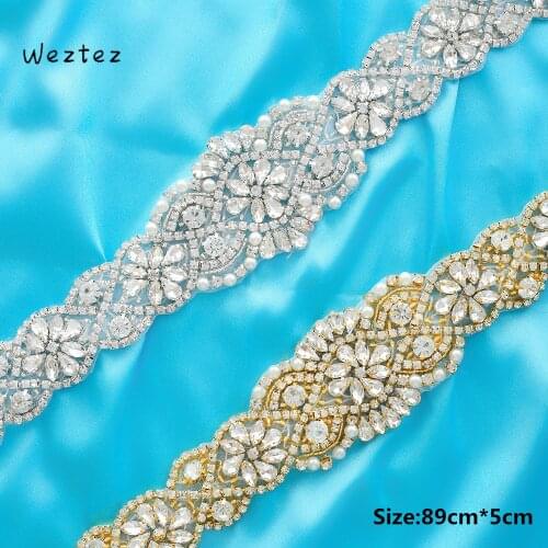 Handmade Applique Silver Bridal Wedding Dresses Wide Gold Garment Rhinestone Accessories Beaded Pearl Crystal S156