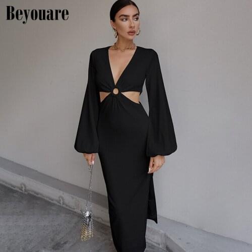 Beyouare Lantern Sleeve Hollow Out Split Dresses Women Sexy V Neck Backless Korean Fashion Evening Gala Long Dress Autumn 2021