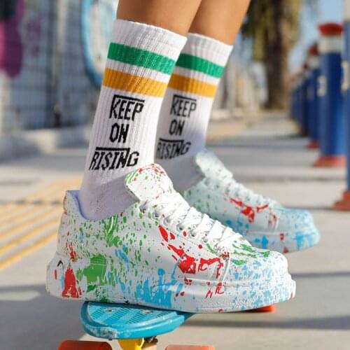Chekich Womens & Mens Shoes White Mixed Color Pattern Artificial Leather Laced Print Spring Season Unisex Sneakers Odorless Casual Brush Comfortable Office University Colorful Lightweight Daily Luxury CH255 Women V9