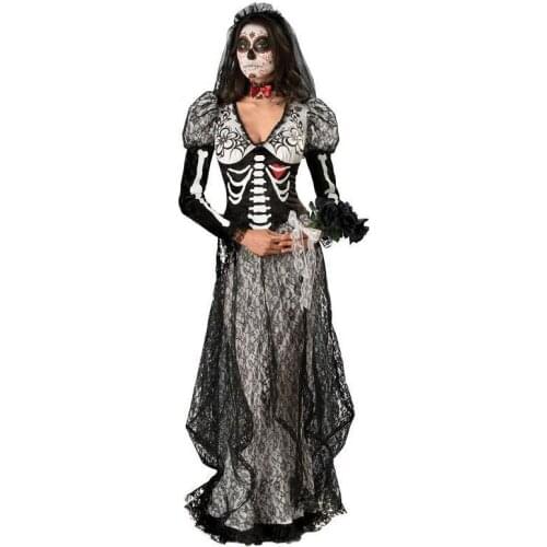 Day of The Dead Black Skeleton Ghost Bride Costume Halloween Party Scary Vampire Demon Cosplay Fancy Dress