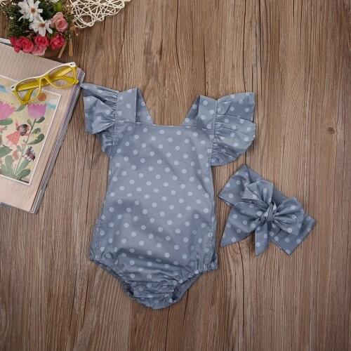 Cute Newborn Baby Girl Romper Summer Clothes Ruffle Polka Dots Sleeveless One Piece Jumpsuit with Headband Ropa Bebe