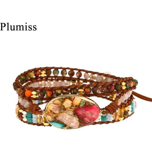 Exquisite Emperor Stone Leather Wrap Bracelets Boho Ladies Friendship Mixed Natural Stone Bracelet Woman Dropshipping Wholesale