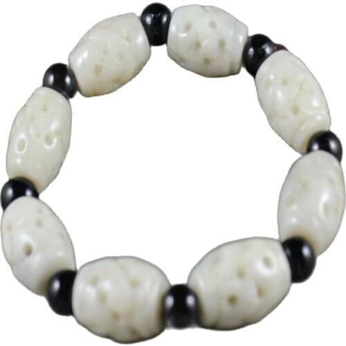 Chinese Natural Jade Stretchy Bracelet With Hand-Carved Beads Beautiful Bangle