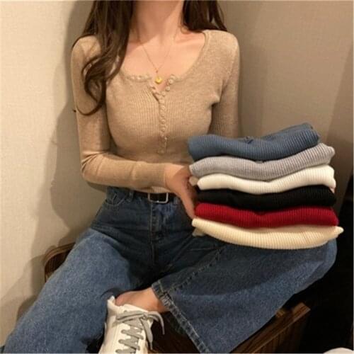 Korean Knitted Sweates Women V-neck Sweater Woman Elastic Knit Sweates Women Long Sleeve Sweater Plus Size Woman Knit Pullovers