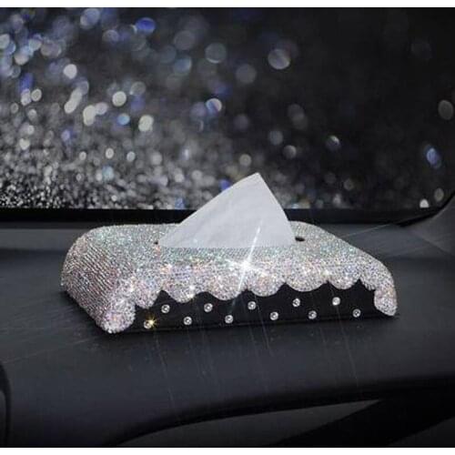 Leather Car Tissue Box Cover Crystal Rhinestone covered Holder Block Paper Storage Car Interior Accessories For Women Girls