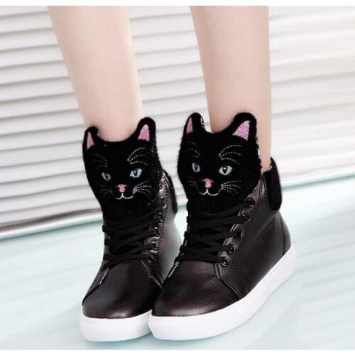 Fashion Women Flat Casual Shoes Woman Autumn Winter High-Top Sneakers Female Cute Cartoon Cat Lace-up Outdoor Vulcanized Shoes