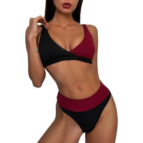 Foohoostore 2021 High Waist Swimwear Female Color Block Swimsuit Women Ribbed V-neck Bikini Bra + Bottoms athing Suit Beachwear