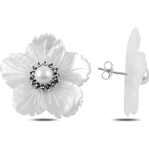 KUTAYDAN Pearl & Marcasite Cubic Zirconia Flower Earrings 925 Sterling Silver